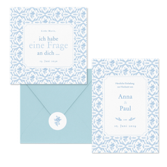 Hochzeitskartenset Hellblau englische Rosen klassisch