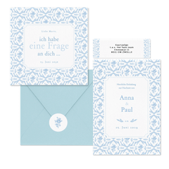 Hochzeitskartenset Hellblau englische Rosen klassisch