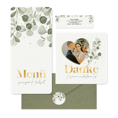 Hochzeitskartenset mit Eukalyptuszweigen & Goldschrift