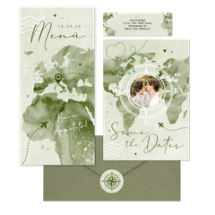 Hochzeitskartenset Aqaurell Weltkarte und Flugzeug in Grün