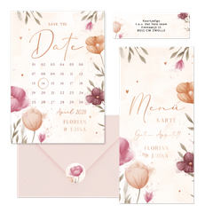 Hochzeitskartenset mit Frühlingsblumen Aquarell & Kupfer