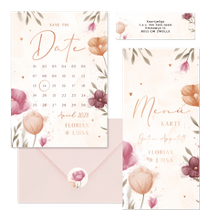 Hochzeitskartenset mit Frühlingsblumen Aquarell & Kupfer