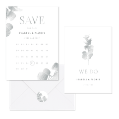 Hochzeitskartenset einfacher Eukalyptuszweig in Silber