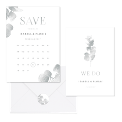 Hochzeitskartenset einfacher Eukalyptuszweig in Silber