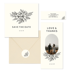 Hochzeitskartenset schlichte schwarze Blumen off-white