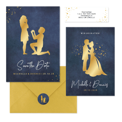 Hochzeitskartenset Goldener Scherenschnitt auf Dunkelblau