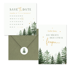 Winterhochzeit Kartenset Tannenbäume in Aquarell auf Hellgrün