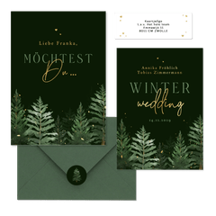 Hochzeitskarten Winterset Tannenbäume in Aquarell auf Dunkelgrün