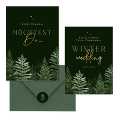 Hochzeitskarten Winterset Tannenbäume in Aquarell auf Dunkelgrün