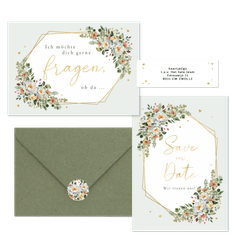 Hochzeitskartenset Pfingstrose Blumenbukett Mintgrün