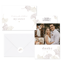 Schlichtes Hochzeitskartenset mit feinen Ginkgoblättern