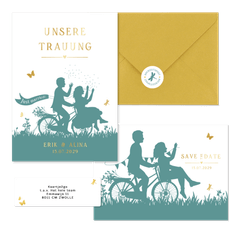 Hochzeitskartenset Scherenschnitt Brautpaar auf Fahrrad