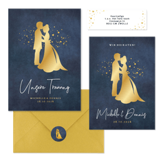 Hochzeitskartenset Goldener Scherenschnitt auf Dunkelblau