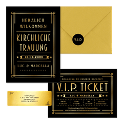 Hochzeitskartenset Artdeco Ticket in Gold & Schwarz