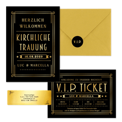 Hochzeitskartenset Artdeco Ticket in Gold & Schwarz