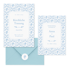 Hochzeitskartenset Hellblau englische Rosen klassisch