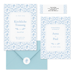 Hochzeitskartenset Hellblau englische Rosen klassisch
