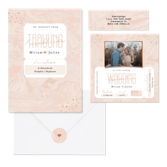 Hochzeitskartenset in rosa Marmoroptik als Ticket 