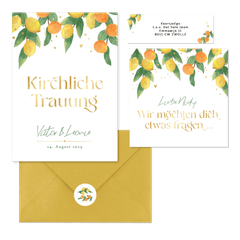 Hochzeitskartenset Zitruszweige mit Zitronen und Orangen