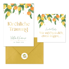 Hochzeitskartenset Zitruszweige mit Zitronen und Orangen
