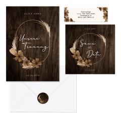 Hochzeitskartenset Trockenblumenkranz auf Holz