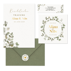 Hochzeitskartenset mit Eukalyptuskranz und Goldschrift