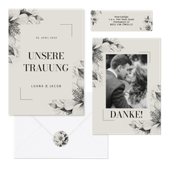 Hochzeitskartenset  Vintage Blumen als Kohlezeichnung