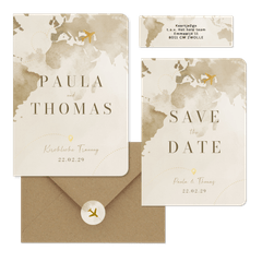 Hochzeitskartenset Aquarell Weltkare in Beige mit goldenem Flugzeug