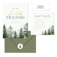 Winterhochzeit Kartenset Tannenbäume in Aquarell auf Hellgrün