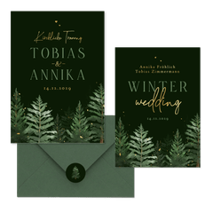 Hochzeitskarten Winterset Tannenbäume in Aquarell auf Dunkelgrün