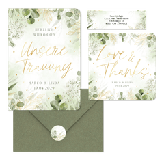 Hochzeitkartenset mit vielen grünen Zweige in Aquarell