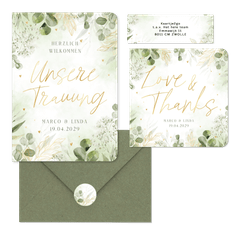 Hochzeitkartenset mit vielen grünen Zweige in Aquarell