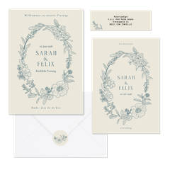 Hochzeitskartenset klassischer Blumenkranz in Blau