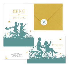 Hochzeitskartenset Scherenschnitt Brautpaar auf Fahrrad