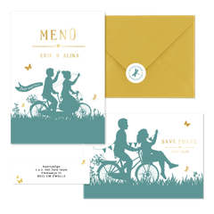 Hochzeitskartenset Scherenschnitt Brautpaar auf Fahrrad