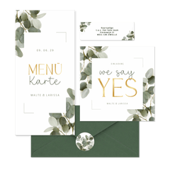 Hochzeitskarten dunkle Eukalyptuszweige & Schreibschrift