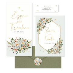 Hochzeitskartenset Pfingstrose Blumenbukett Mintgrün