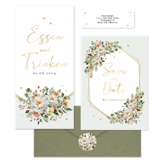 Hochzeitskartenset Pfingstrose Blumenbukett Mintgrün