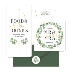 Hochzeitskartenset Eukalyptuszweige mit goldenen Herzchen