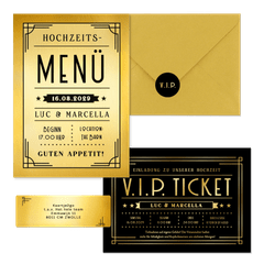 Hochzeitskartenset Artdeco Ticket in Gold & Schwarz