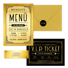 Hochzeitskartenset Artdeco Ticket in Gold & Schwarz