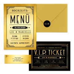 Hochzeitskartenset Artdeco Ticket in Gold & Schwarz