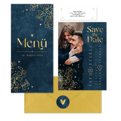 Hochzeitskartenset in Dunkelblau mit goldenen Ranken