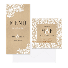 Hochzeitskartenset mit romantischer Spitze auf Kraftpapier