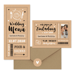 Hochzeitskarten als Ticket-Set in Kraftpapier