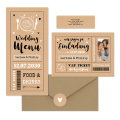 Hochzeitskarten als Ticket-Set in Kraftpapier