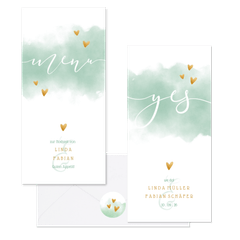Hochzeitskartenset mintgrün Aquarell mit Herzen