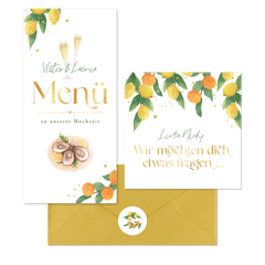 Hochzeitskartenset Zitruszweige mit Zitronen und Orangen