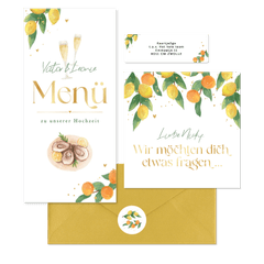 Hochzeitskartenset Zitruszweige mit Zitronen und Orangen