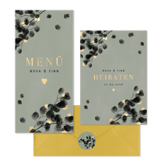 Hochzeitskartenset schwarzer Eukalyptus mit Gold